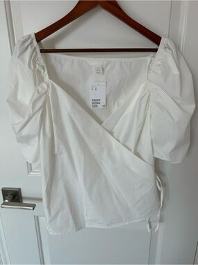 NWT H&M Women’s Wrap Front White Puff-Sleeve Poplin Blouse Top Sz M
